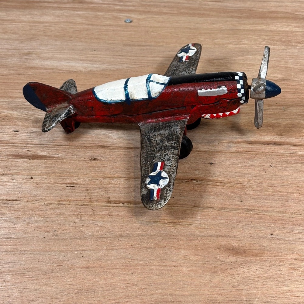 Vintage Cast Iron P-41 Fighter Plane Model WWII Style Shark Mouth Metal Aircraft